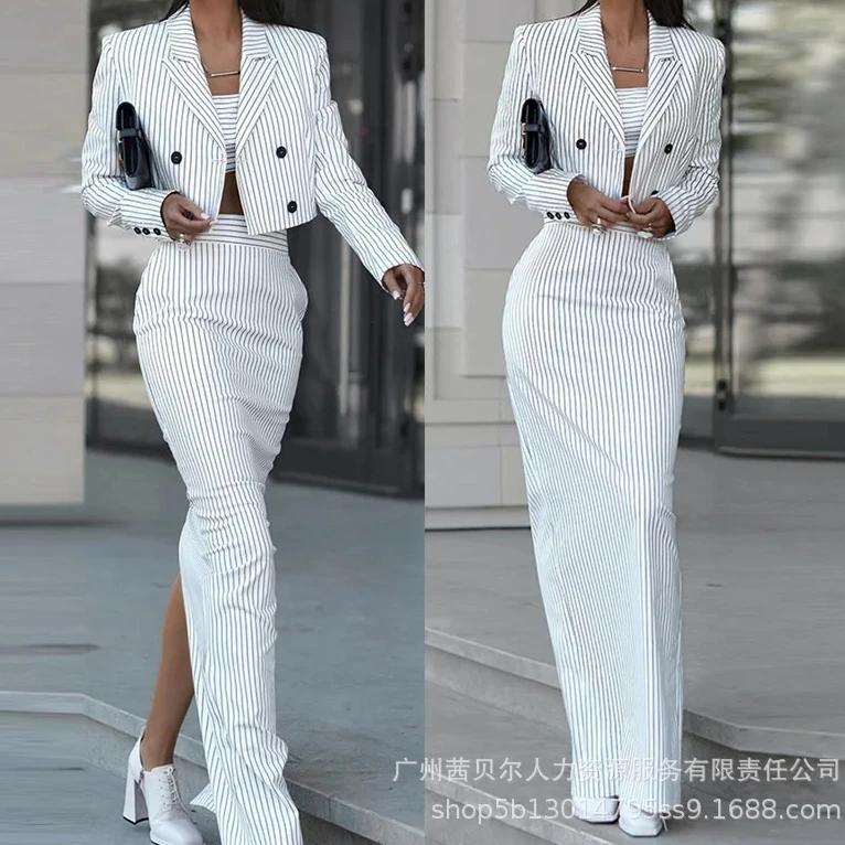 Pencil Skirt Midi - Płaszcz marynarka w paski i zestaw