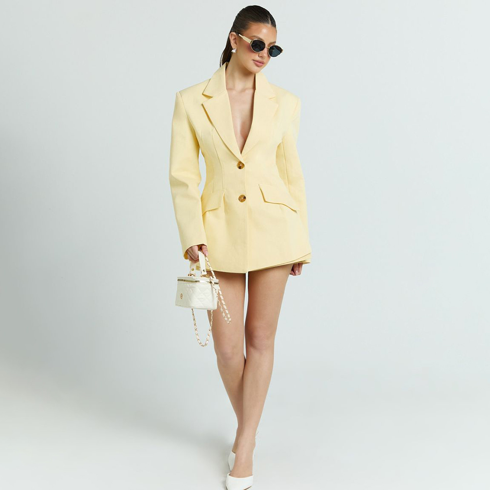 Women Formal Wear Shirt And Pant - Jasnożółty damski dwuczęściowy zestaw: marynarka z