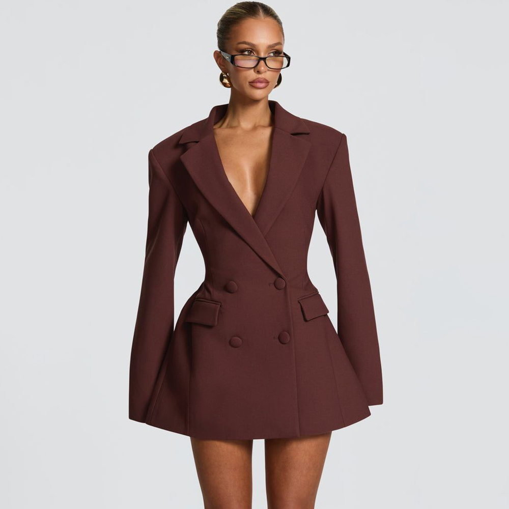 Women Formal Wear Shirt And Pant - Elegancka damska brązowa sukienka-żakiet z rozkloszowanym