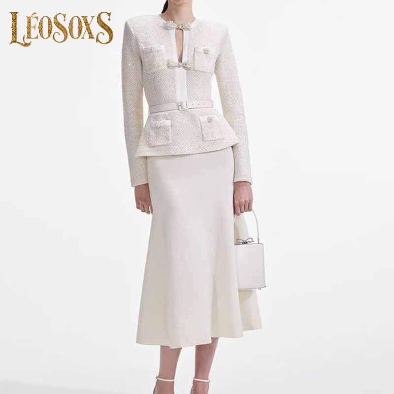 Pencil Skirt Midi - Komplet damski LEOSOXS: tweedowa marynarka z