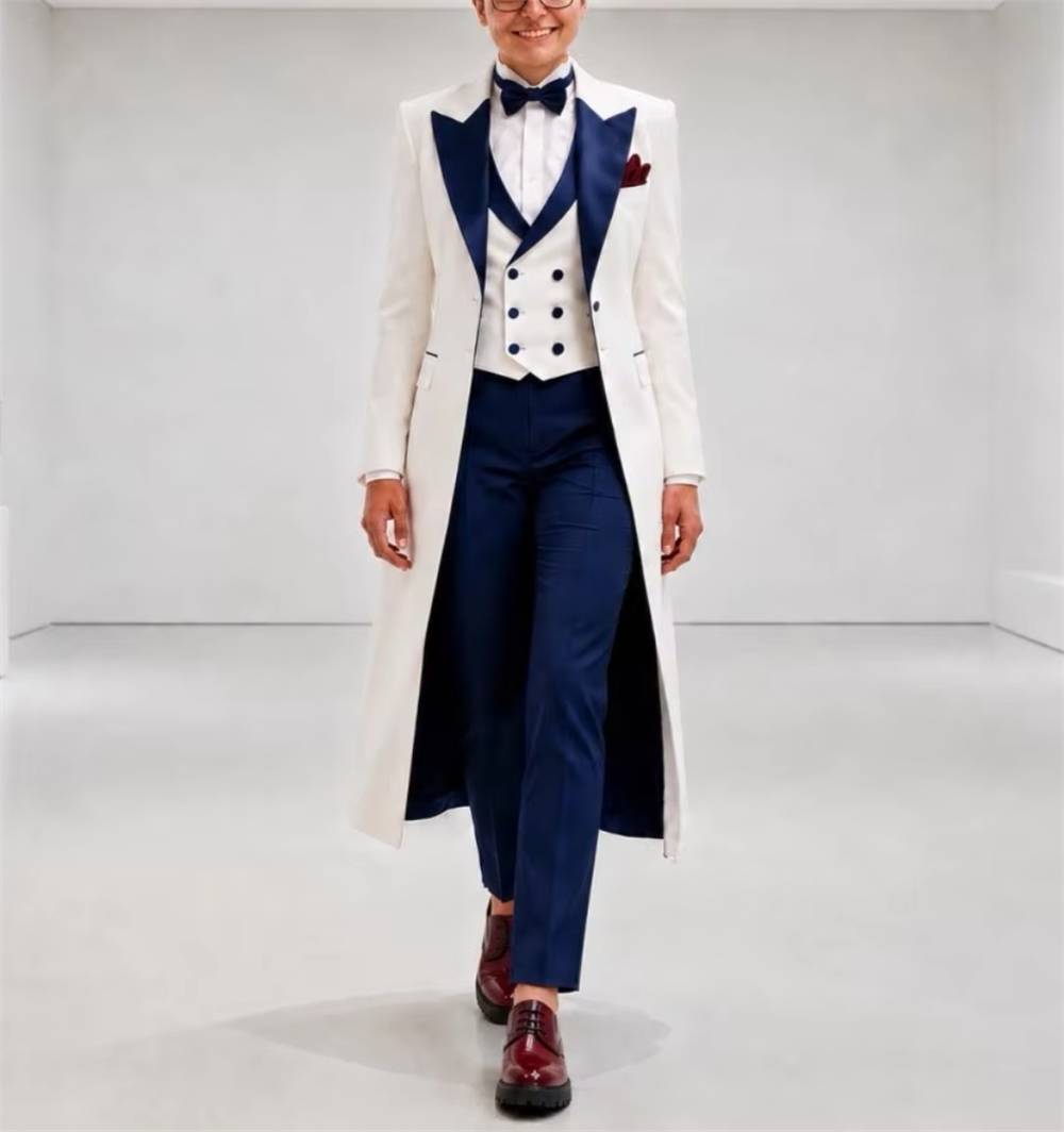 Women'S Formal Wear Suit - Granatowo-biała damska marynarka, elegancki, dopasowany strój