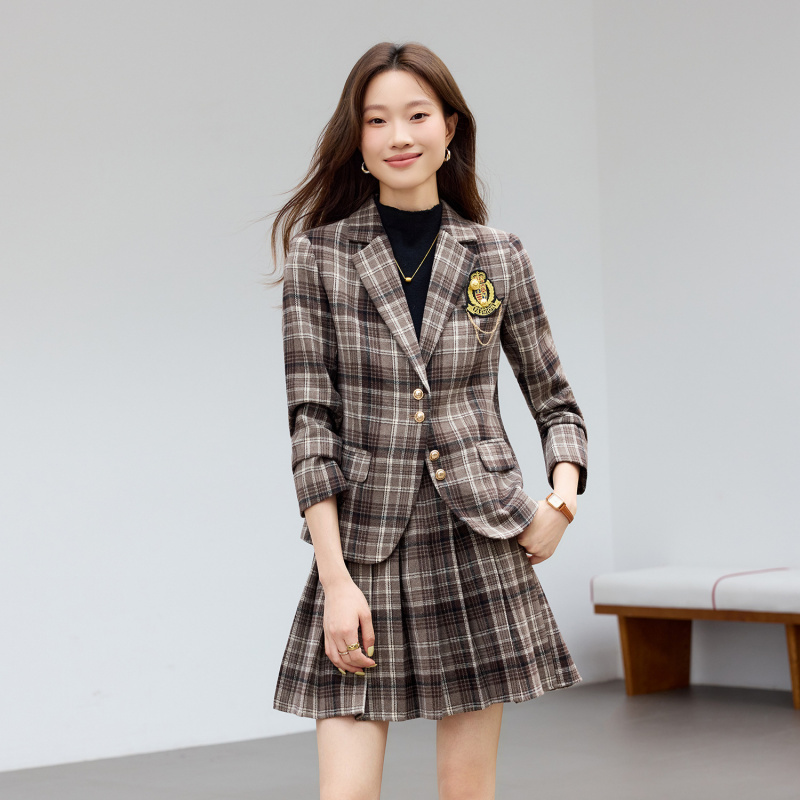 Jasnobrązowy garnitur w kratę  – Women Formal Wear Shirt And Pant recenzja i cena